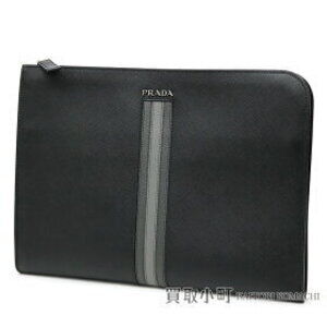 PRADA Saffiano Travel Document Case Metal Logo Black Gray Stripes